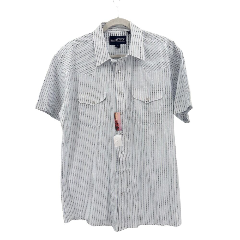 Panhandle Blue/White Snap Up Button Up Shirt Men 17 Stripe Pearl Vintage Western